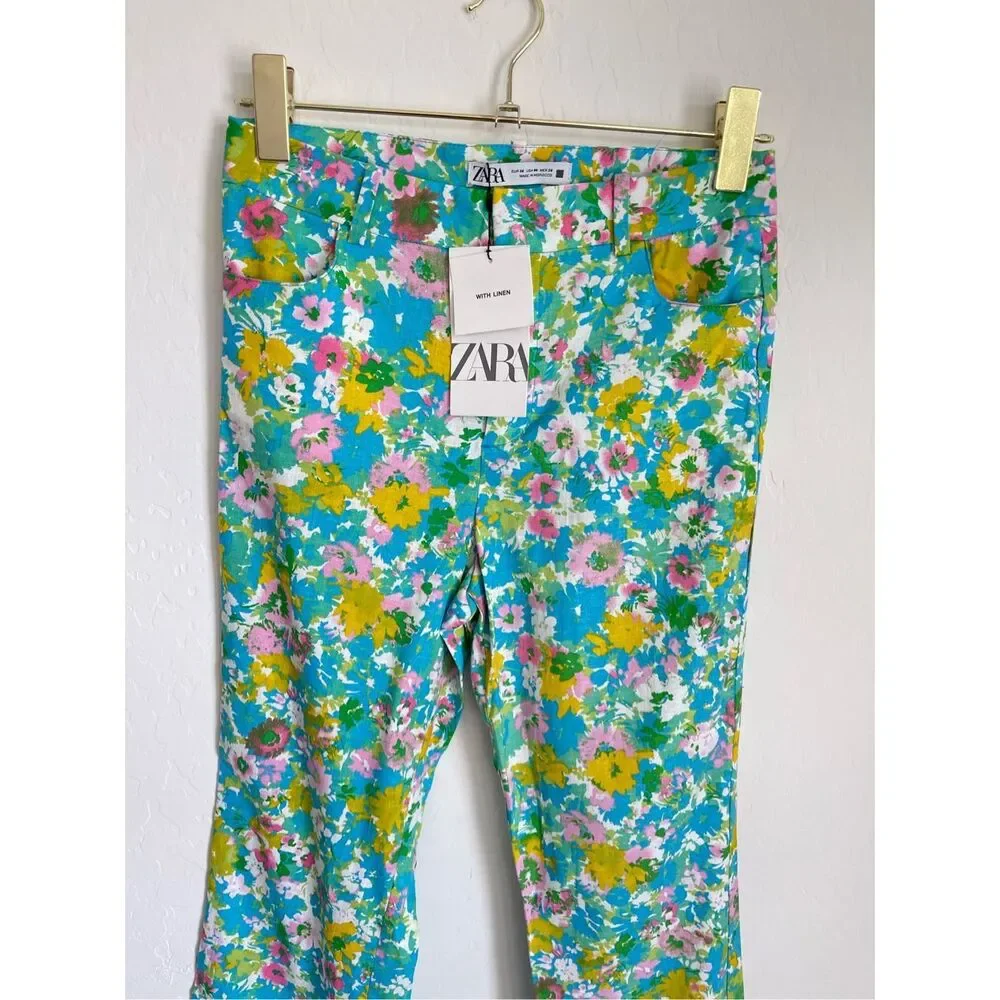 ZARA Floral Linen Pants Size 4 NWT